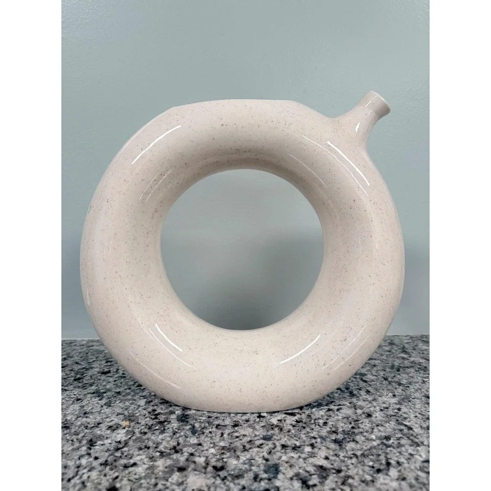 Vintage Strawberry Ceramic Donut Vase Speckled Cream Circular Bud Vase 8.5